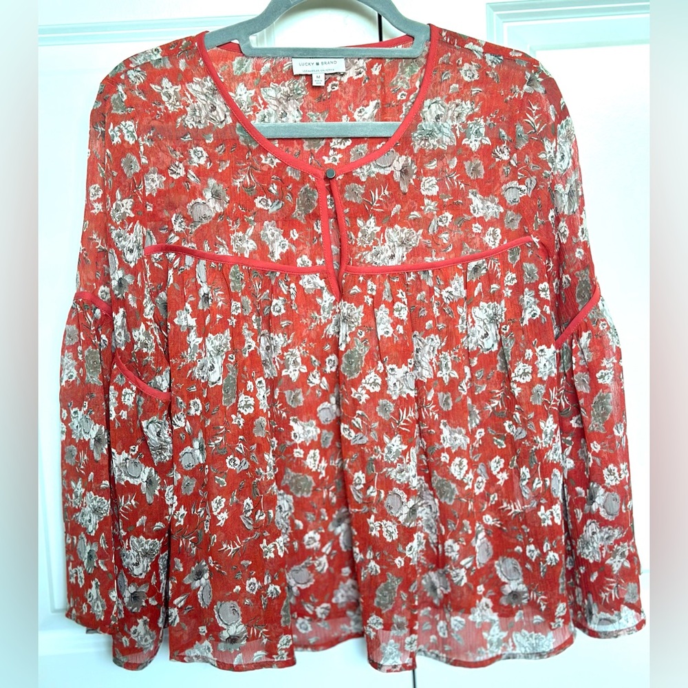 Lucky Brand Red and Orange Bell Sleeve Blouse